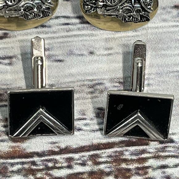 Vintage Set of 4 Mens Cufflinks Antique Cars Circles Mother of Pearl Gold Silver - Picture 9 of 10